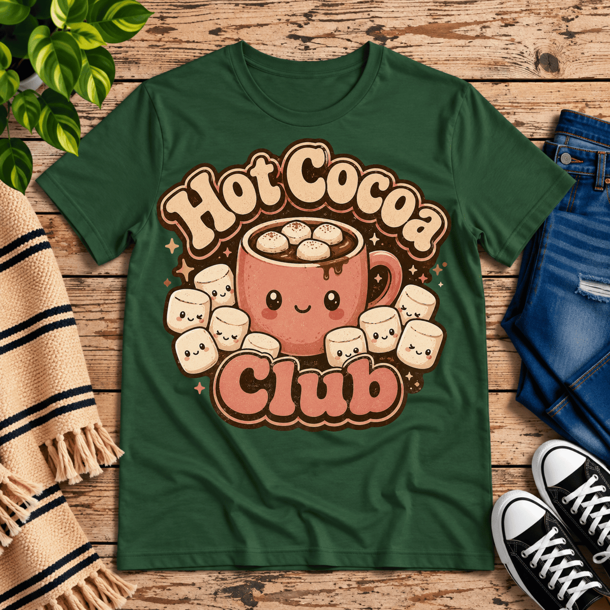 Hot Cocoa Club cute coffee graphic t-shirt cozy flat lay in evergreen.