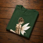 Folded mockup of Fairy Key pinup graphic t-shirt in evergreen.