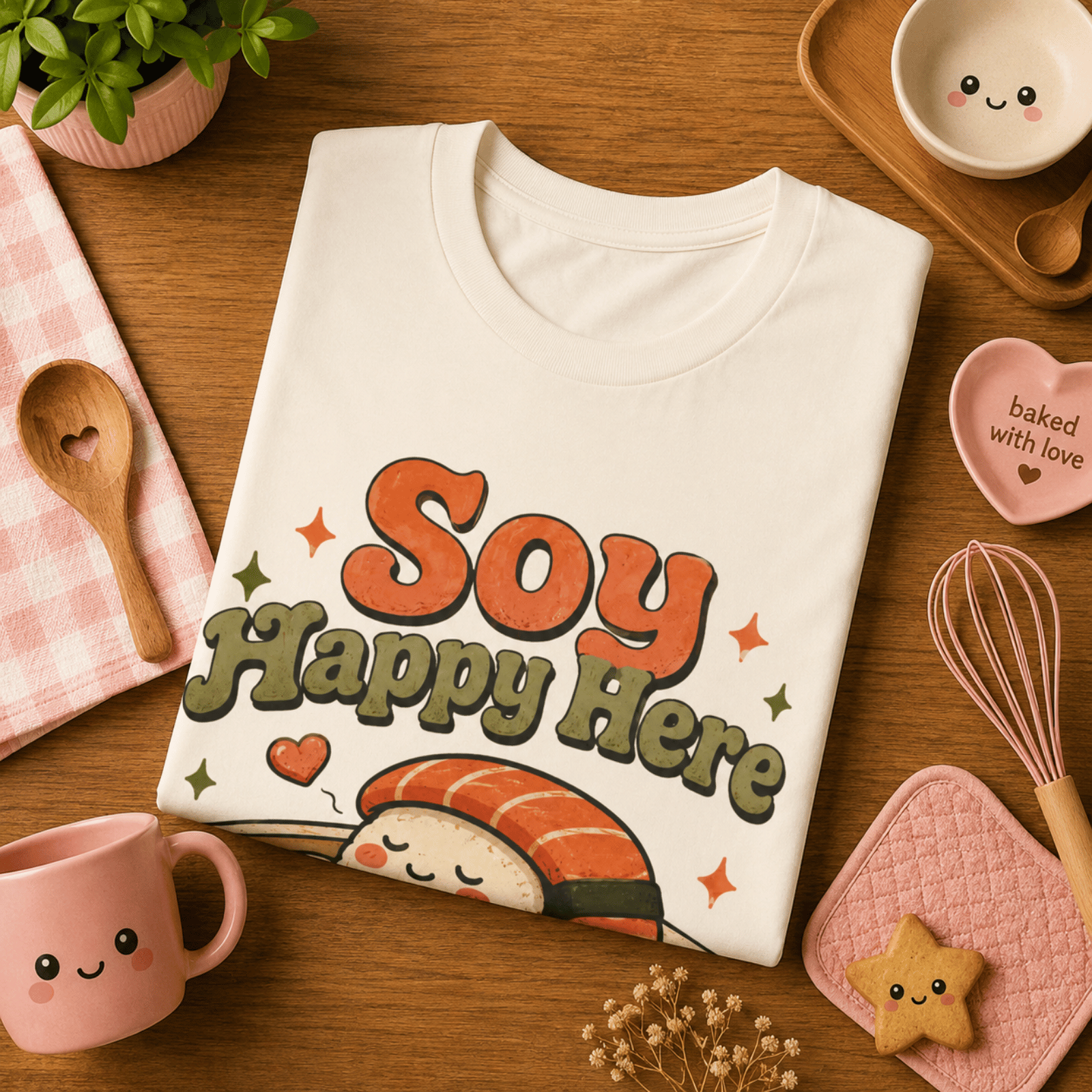 Folded mock up of Soy Happy Here graphic t-shirt in natural, surrounded by small kitchen utensils.