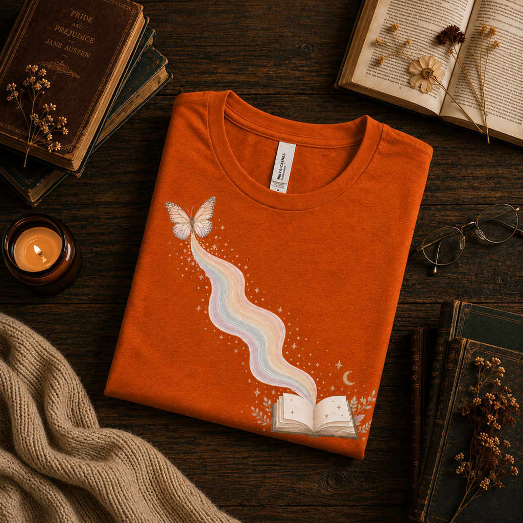 A folded mockup of Rainbow Book whimsical book graphic t-shirt in burnt orange.