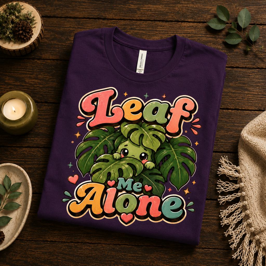A folded mockup of Leaf Me Alone cute plant graphic t-shirt in team purple