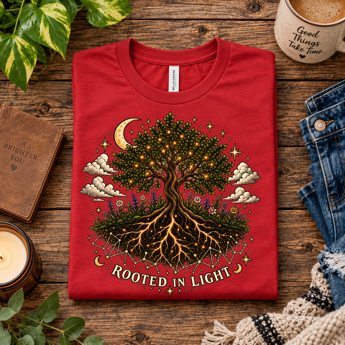 A folded mockup of Rooted In Light celestial graphic t-shirt in red.