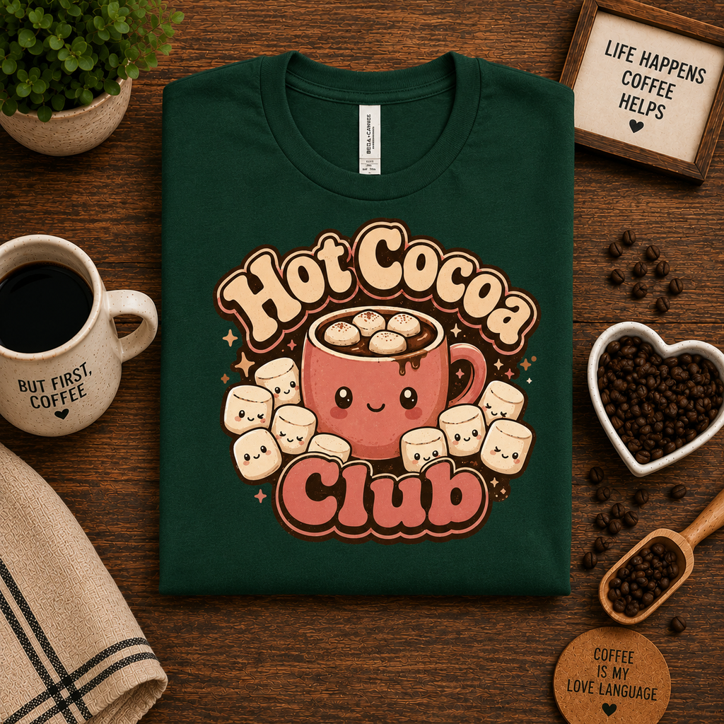 A folded mockup of Hot Cocoa Club graphic t-shirt in evergreen.