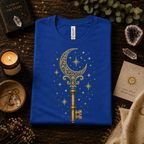 A folded mockup of Moonlight Key celestial graphic t-shirt in true royal.