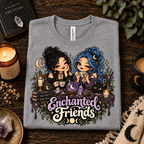 A folded mockup of Enchanted Friends cute celestial graphic t-shirt in athletic heather.