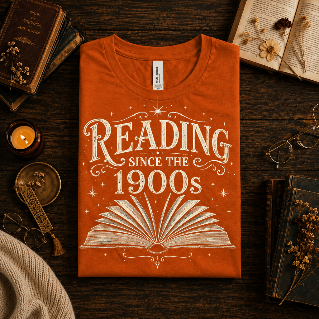 A folded mockup of Reading Since funny book graphic t-shirt in burnt orange.