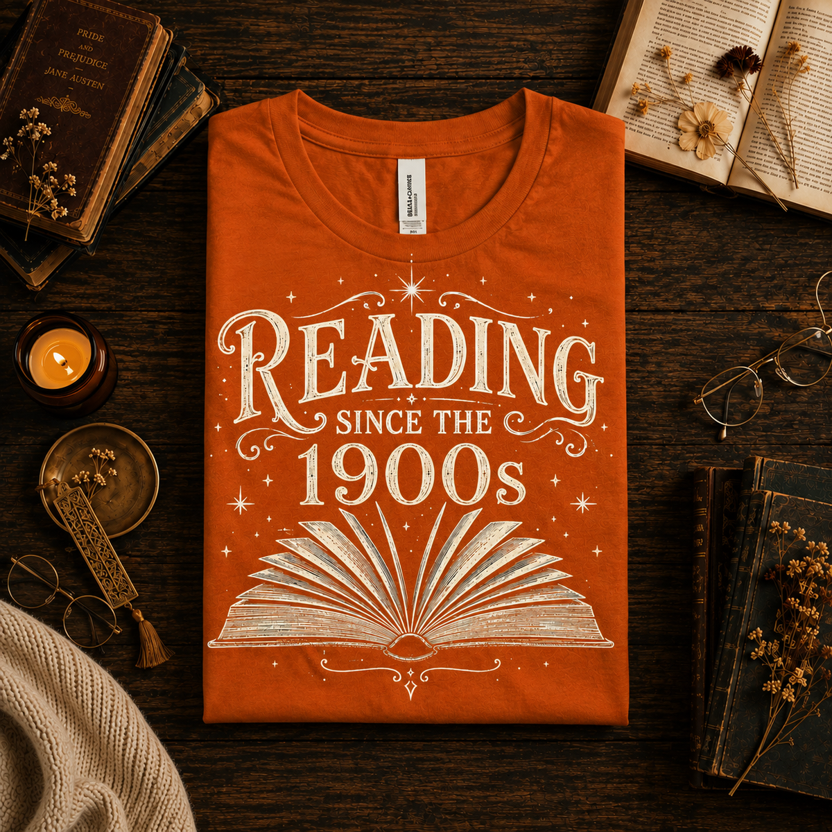 A folded mockup of Reading Since funny book graphic t-shirt in burnt orange.