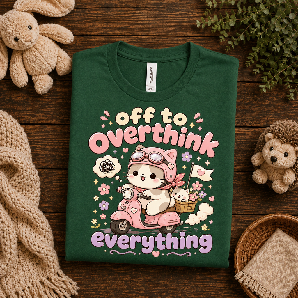 A folded mockup of Overthink Cat cute animal graphic t-shirt in evergreen.