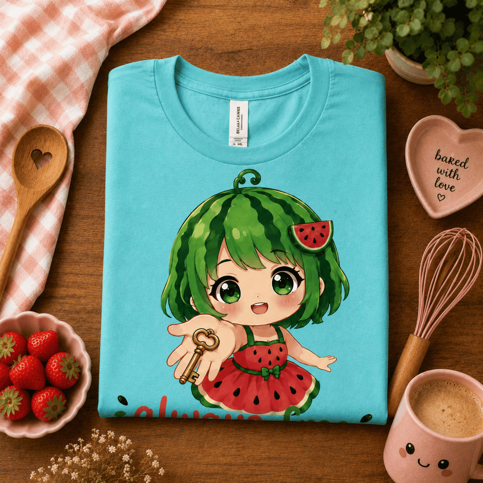 Folded mock up of Always Free graphic t-shirt in aqua.