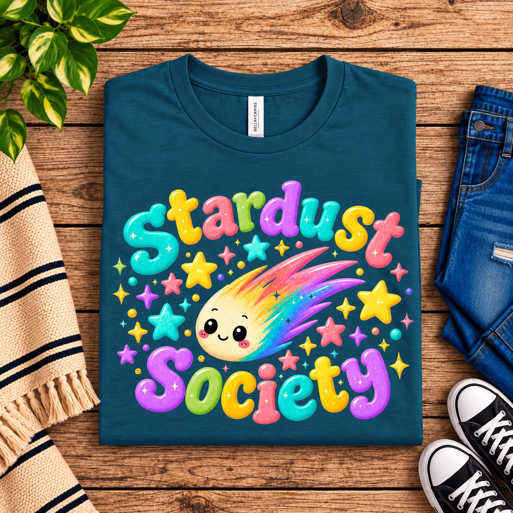 A folded mockup of Stardust Society cute celestial graphic t-shirt in deep teal.