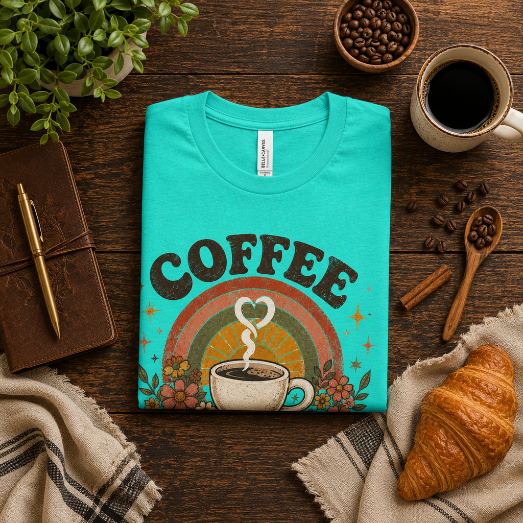 A folded mockup of Coffee Is My Sunshine coffee graphic t-shirt in aqua.
