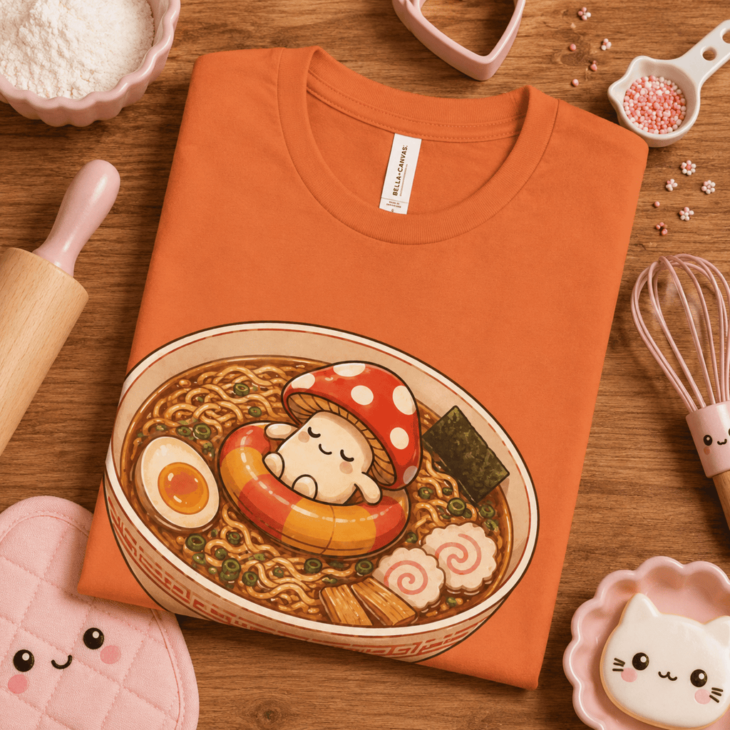 Folded mock up of Mushroom Float graphic t-shirt in burnt orange, surrounded by small kitchen utensils.