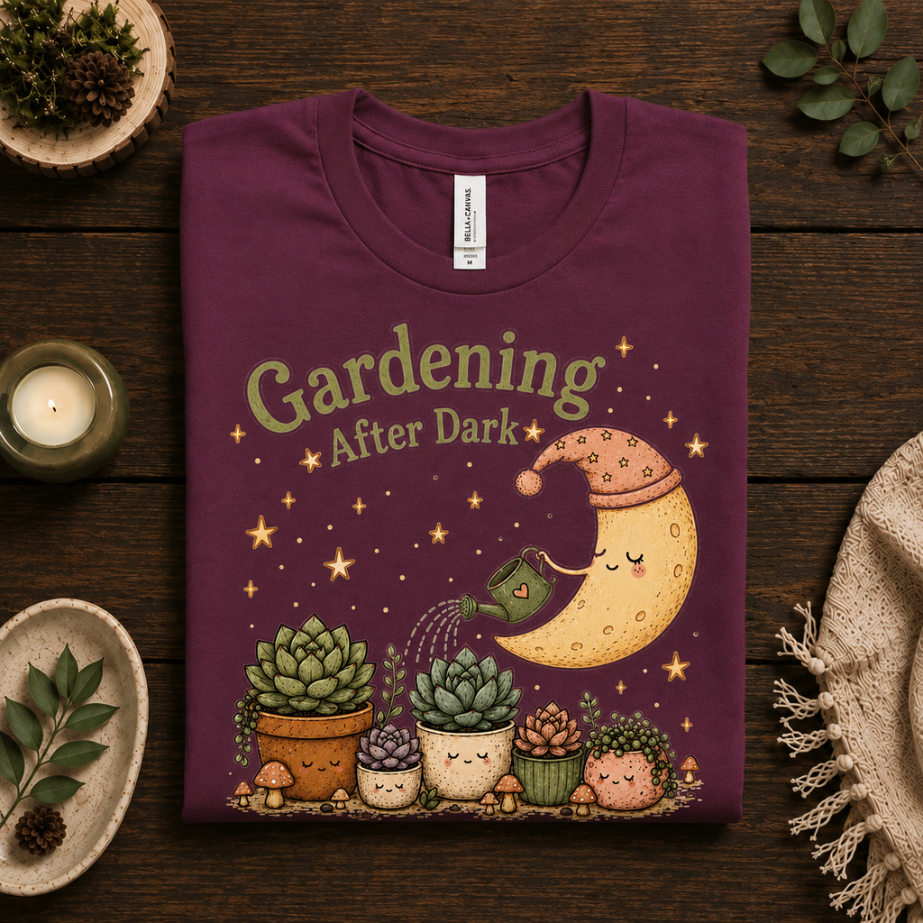 A folded mockup of Gardening After Dark nature lover graphic t-shirt in maroon.