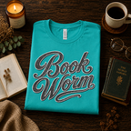 A folded mockup of Book Worm book lover graphic t-shirt in heather sea green.