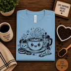 A folded mockup of Happy Coffee cute kawaii graphic t-shirt in baby blue.