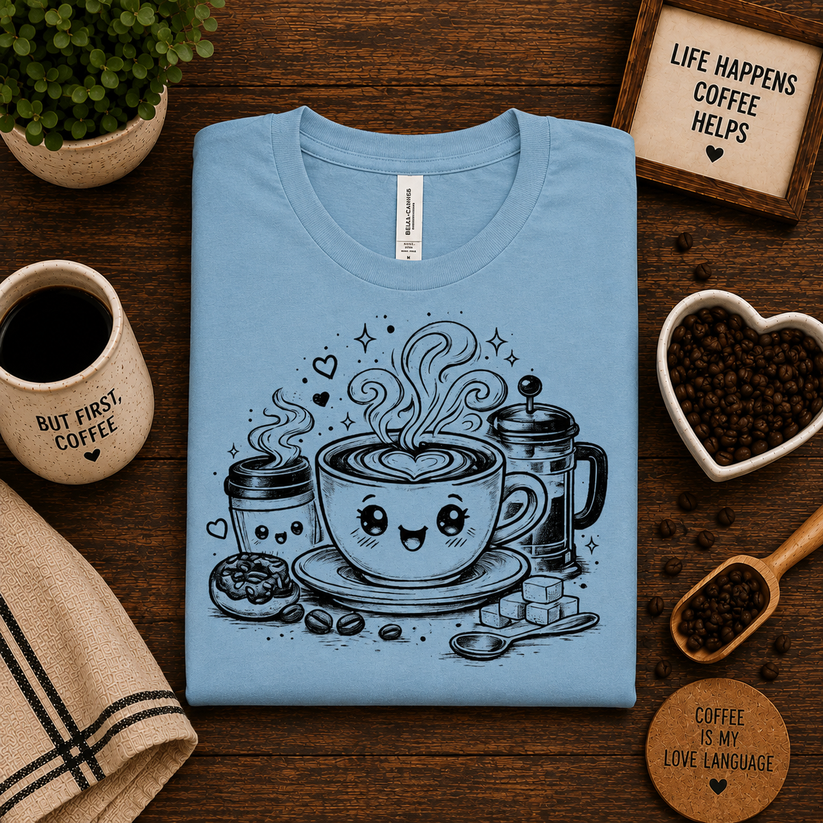 A folded mockup of Happy Coffee cute kawaii graphic t-shirt in baby blue.