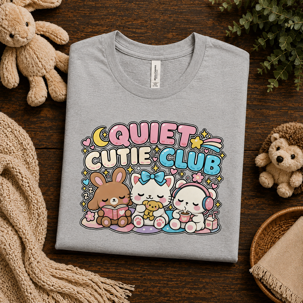 A folded mockup of Quiet Cutie Club cute animal graphic t-shirt in athletic heather.