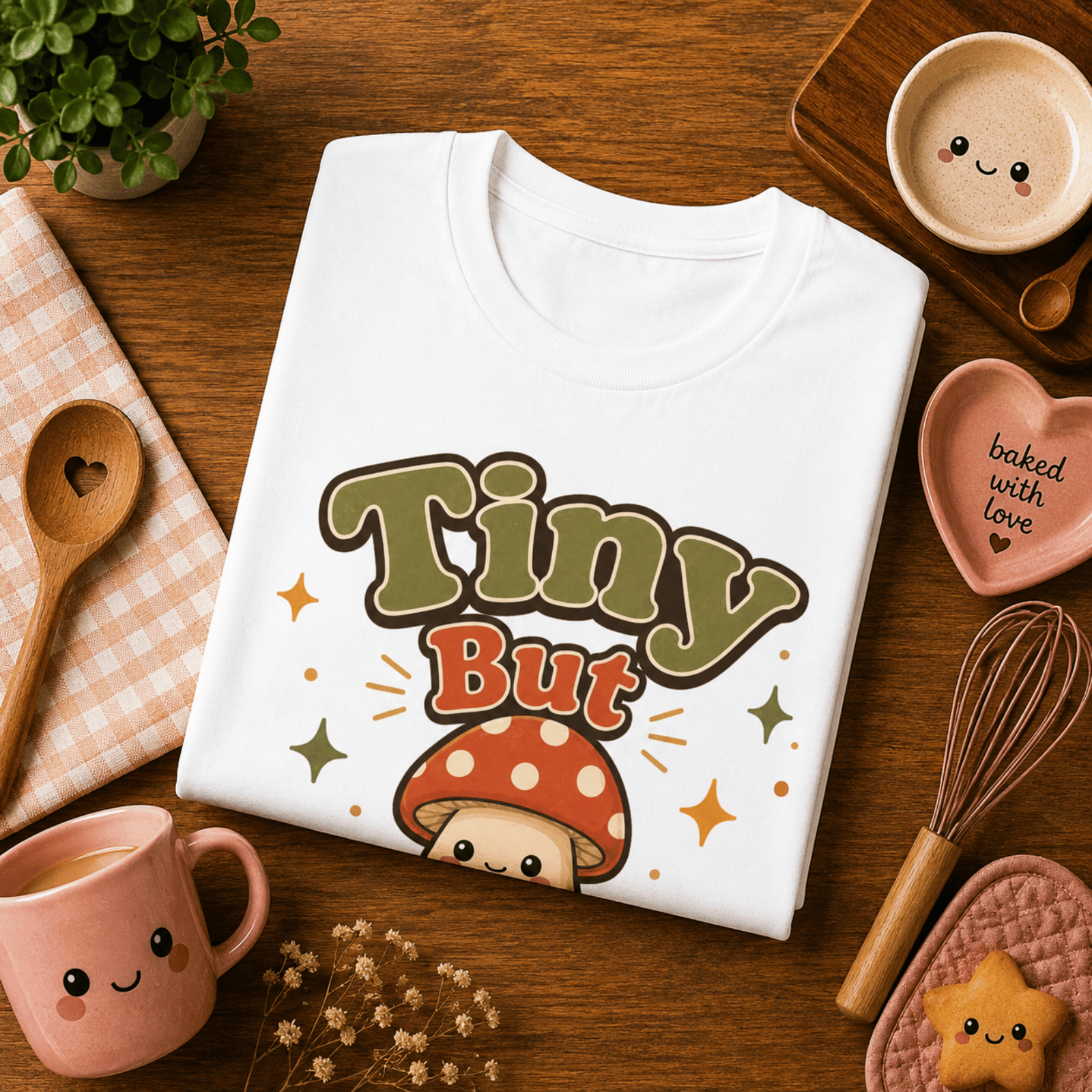 Folded mock up of Tiny But Tasty graphic t-shirt in white, surrounded by small kitchen utensils.