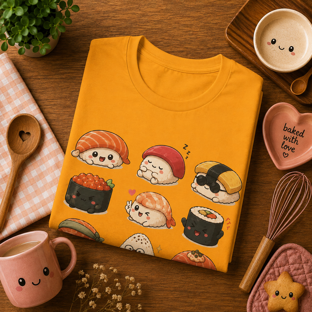 Folded mock up of Sushi graphic t-shirt in gold, surrounded by small kitchen utensils.