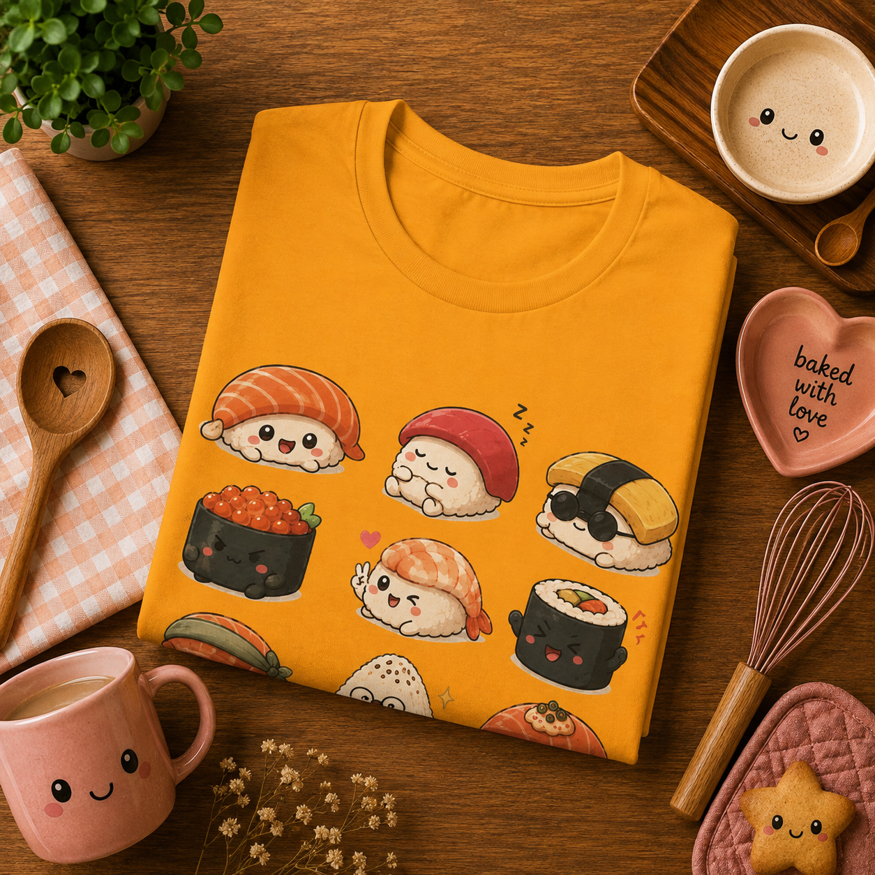 Folded mock up of Sushi graphic t-shirt in gold, surrounded by small kitchen utensils.