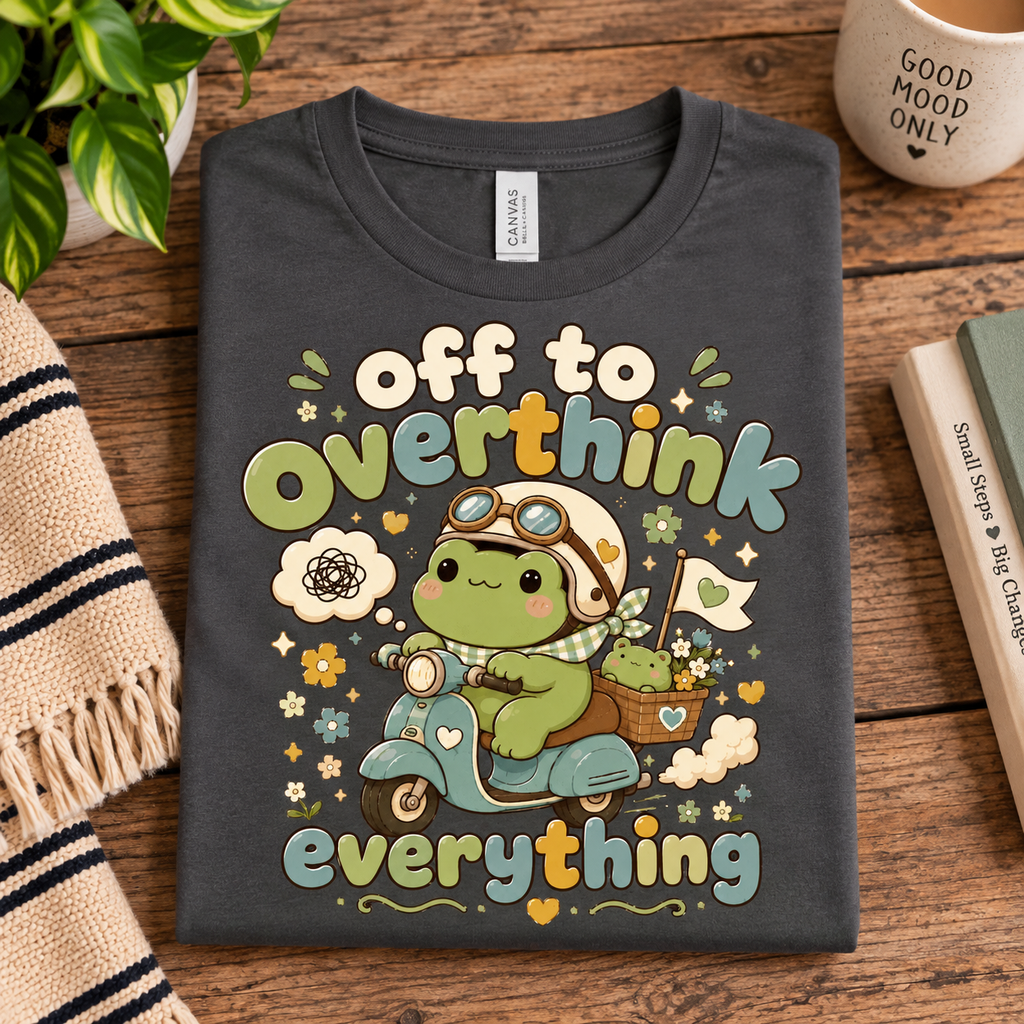 A folded mockup of Overthink Frog cute animal graphic t-shirt in asphalt.