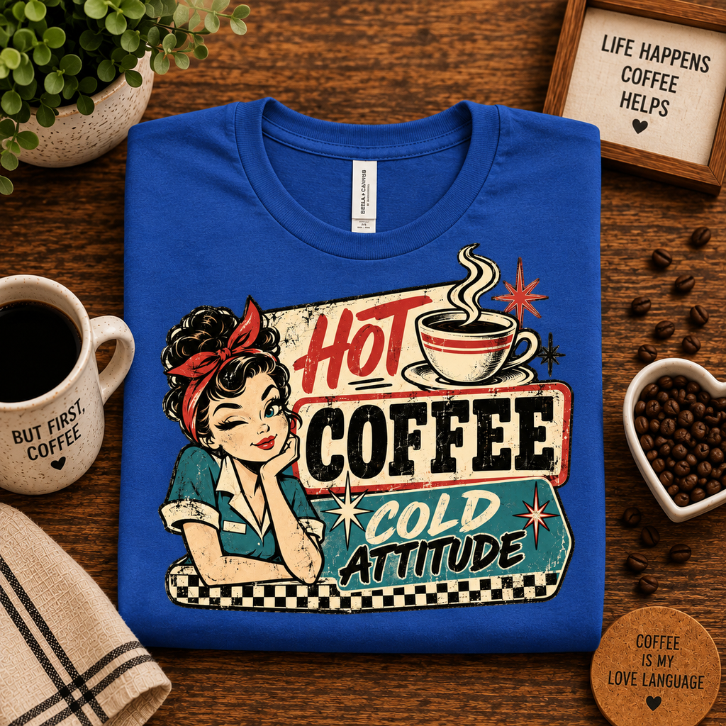 A folded mockup of Hot Coffee retro coffee graphic t-shirt in true royal.