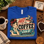A folded mockup of Hot Coffee retro coffee graphic t-shirt in true royal.