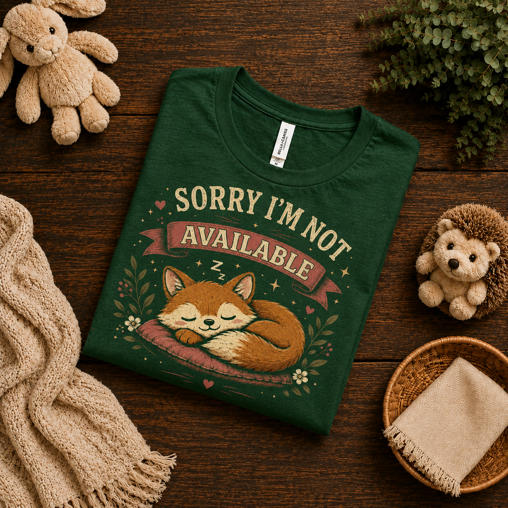 A folded mockup of Not Available cute animal graphic t-shirt in evergreen.