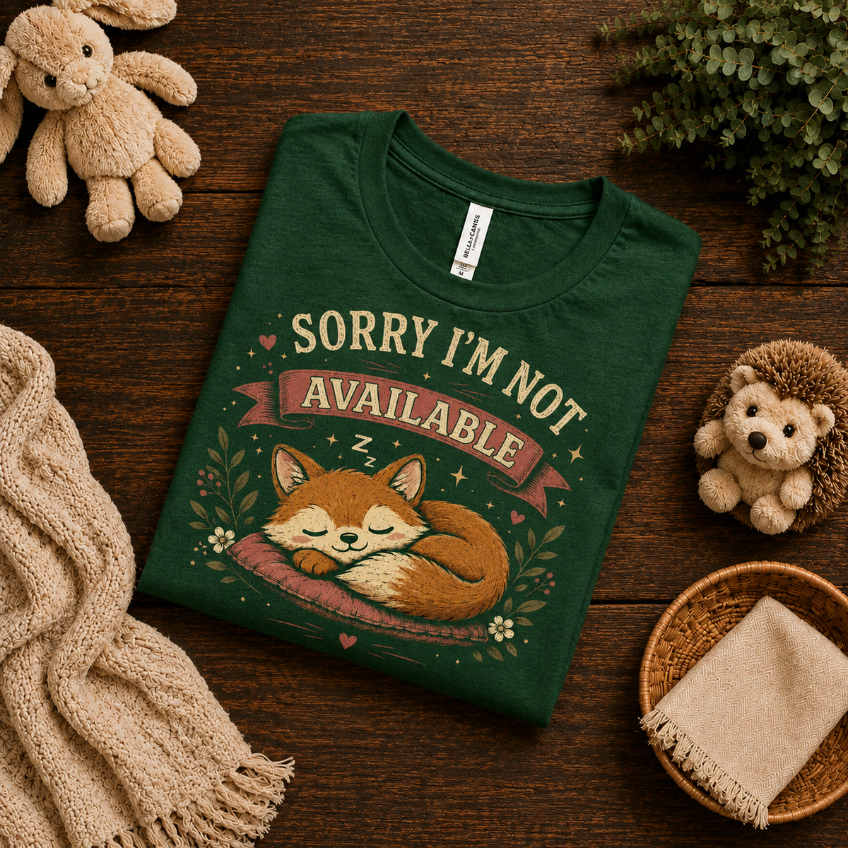 A folded mockup of Not Available cute animal graphic t-shirt in evergreen.