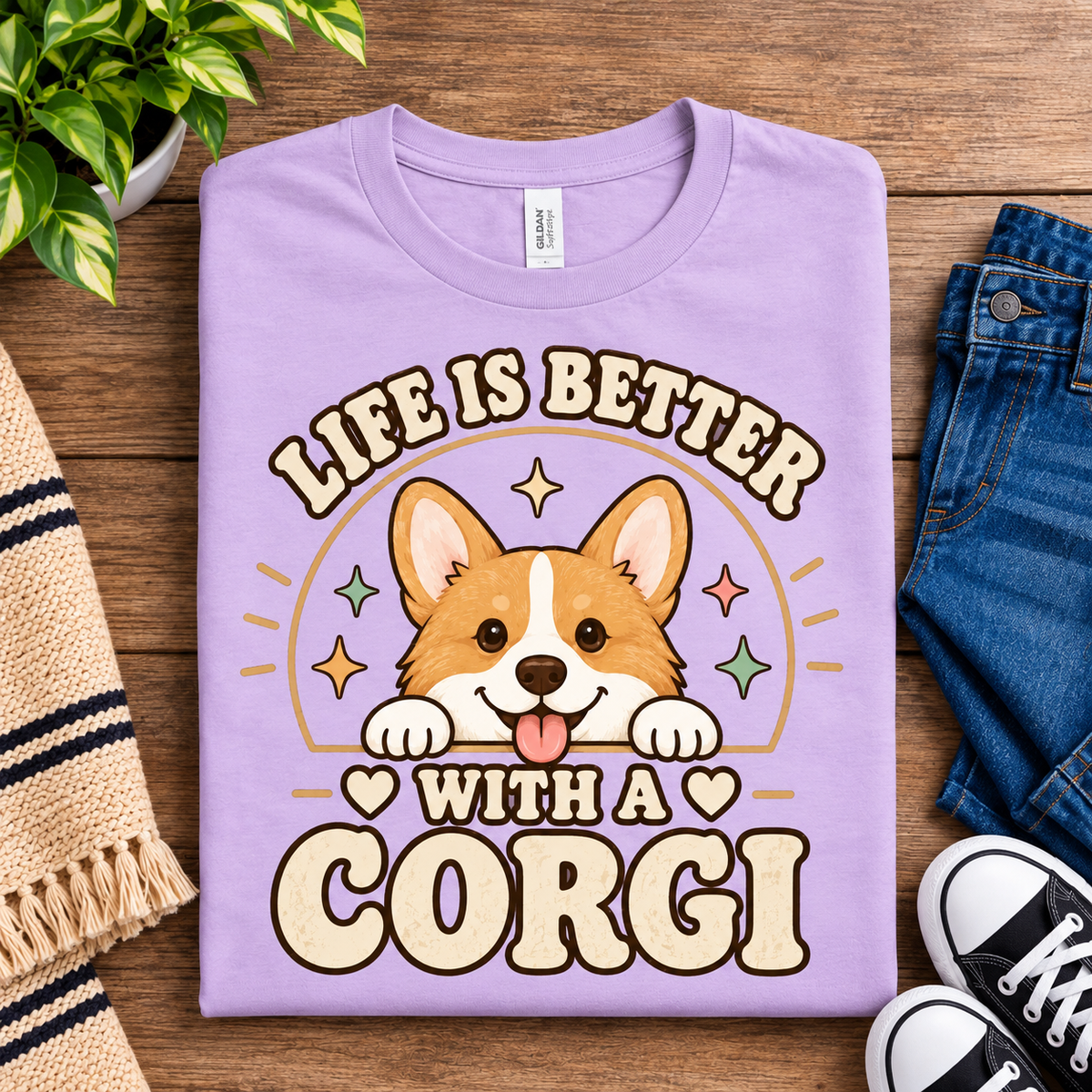 A folded mockup of Life is Better cute animal graphic t-shirt in lilac.