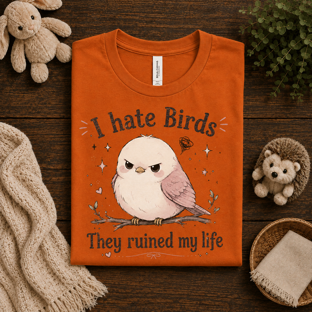 A folded mockup of I Hate Birds graphic t-shirt in burnt orange.