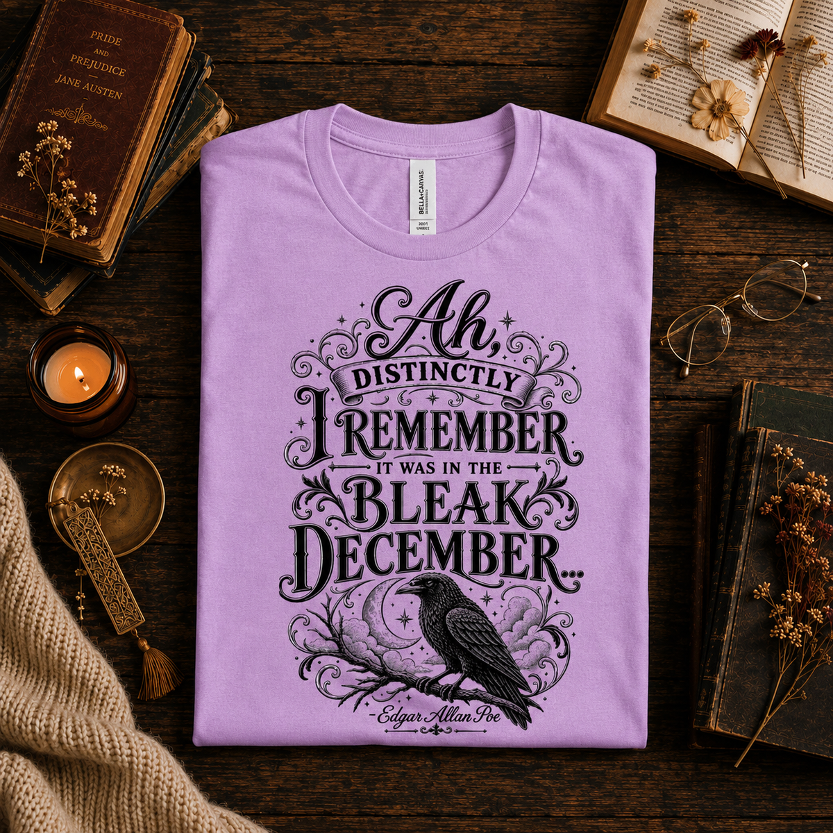 A folded mockup of Bleak December book quote graphic t-shirt in lilac.