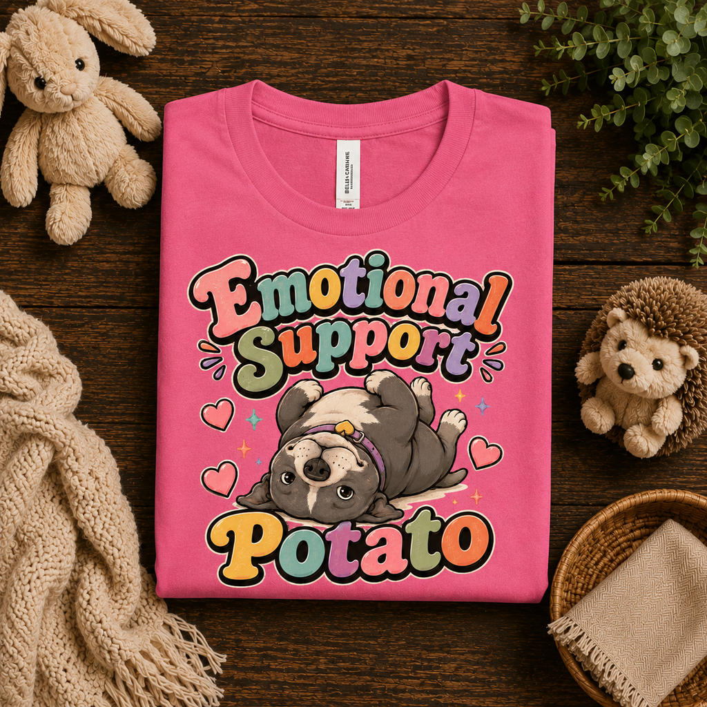 A folded mockup of Emotional Support Potato graphic t-shirt in charity pink.