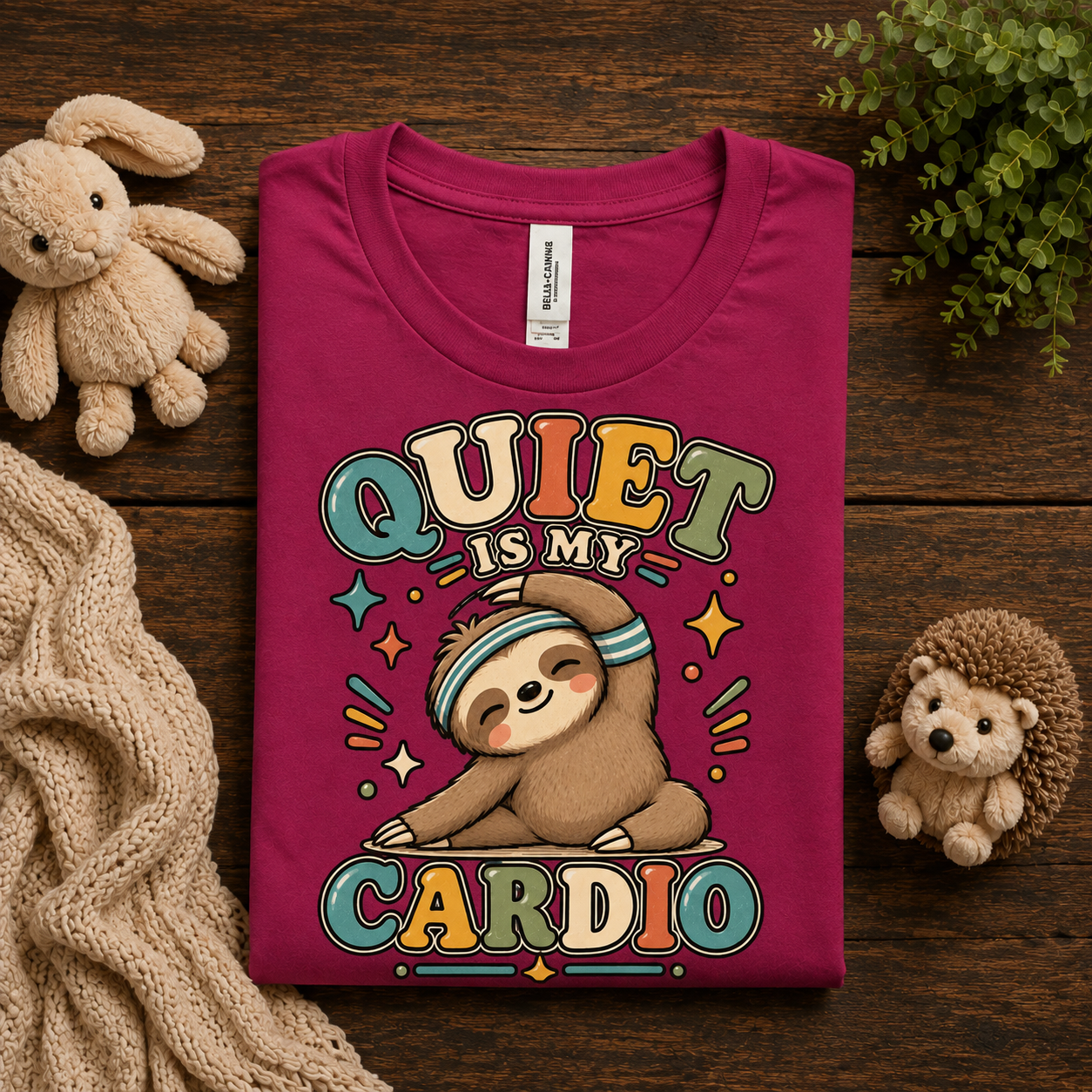 A folded mockup of Quiet Is My Cardio cute animal graphic t-shirt in natural.