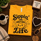 A folded mockup of Sippin' On Life graphic t-shirt in gold.