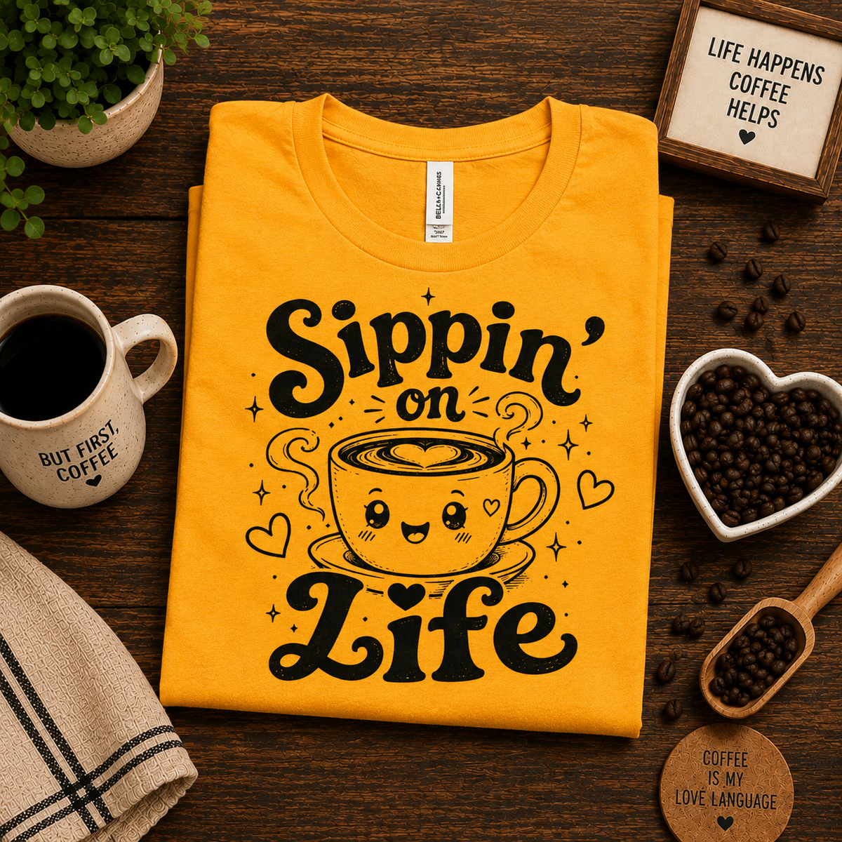 A folded mockup of Sippin' On Life graphic t-shirt in gold.
