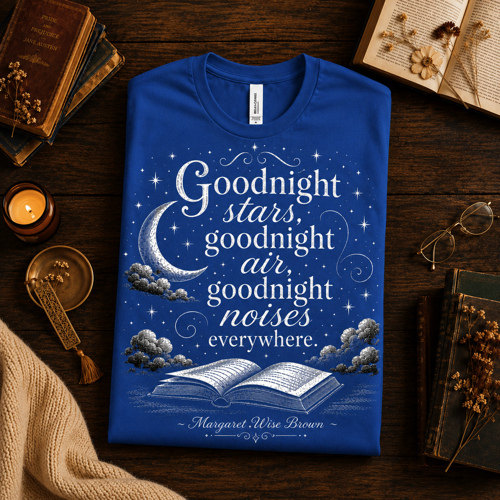 A folded mockup of Goodnight Stars book quote graphic t-shirt in true royal.
