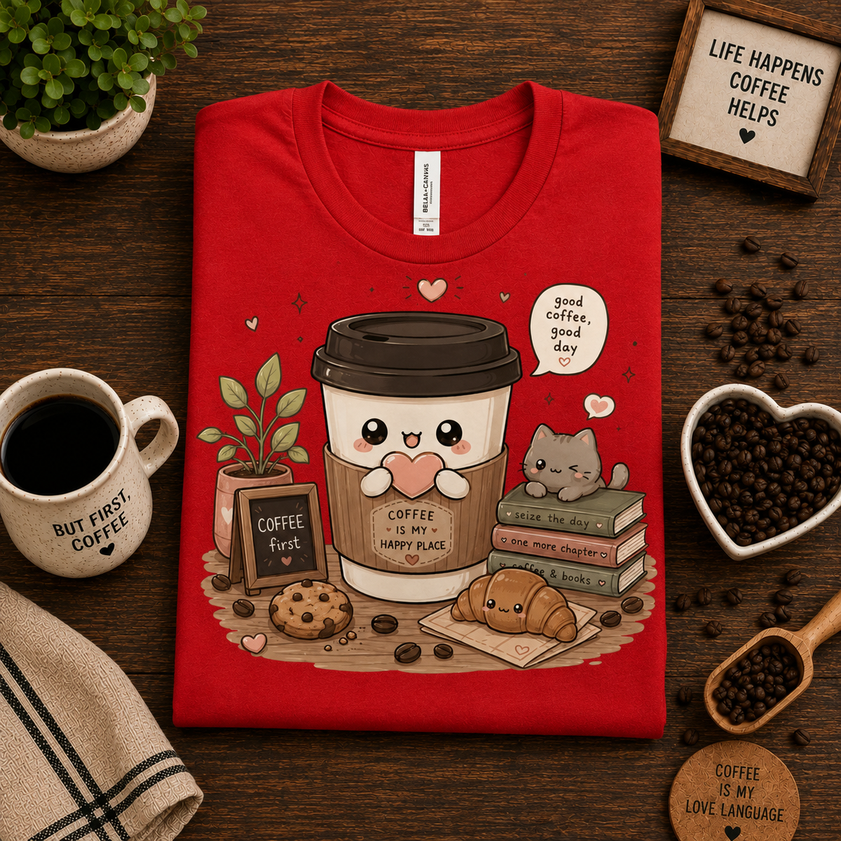 A folded mockup of Good Coffee cute coffee graphic t-shirt in red.