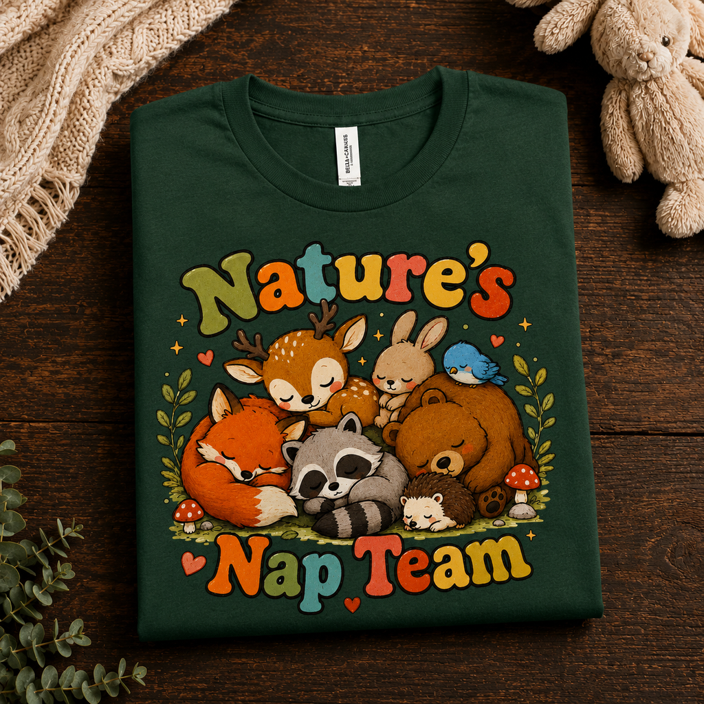 A folded mockup of Nature's Nap Team cute animal graphic t-shirt in evergreen.
