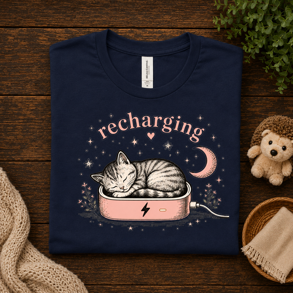 A folded mockup of Recharging Cat cute animal graphic t-shirt in navy.