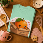 Folded mock up of Orange Box graphic t-shirt mint, surrounded by small kitchen utensils.