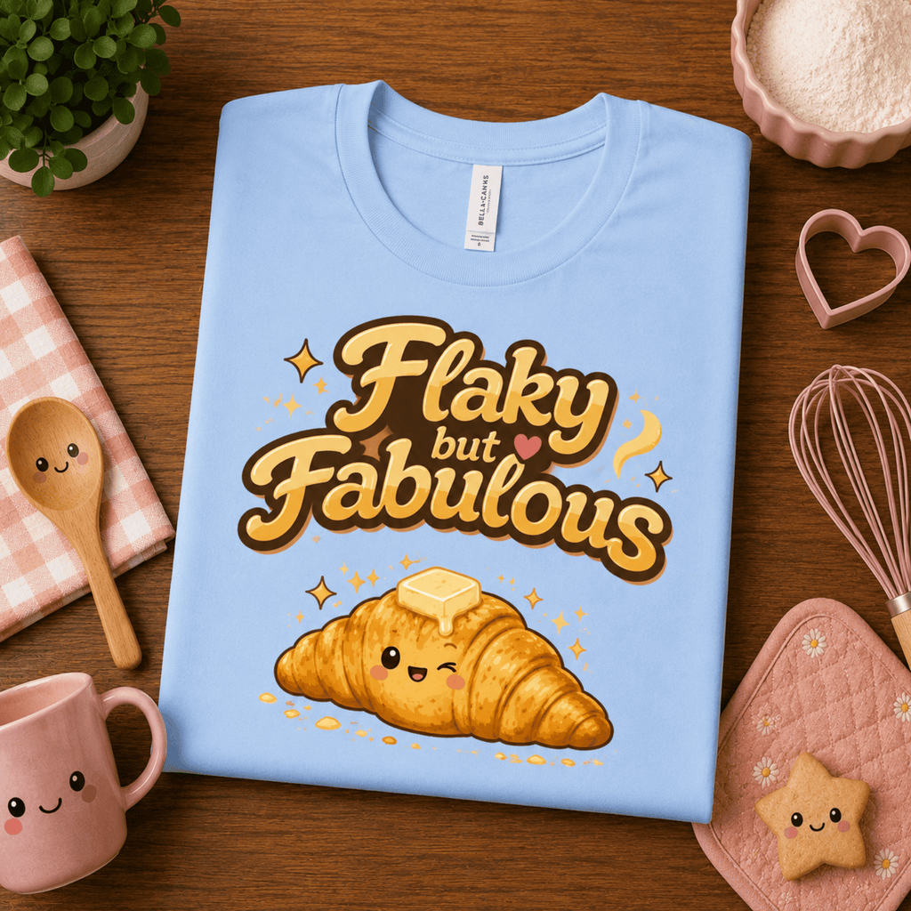 Folded mock up of Flaky But Fabulous graphic t-shirt in baby blue, surrounded by small kitchen utensils.