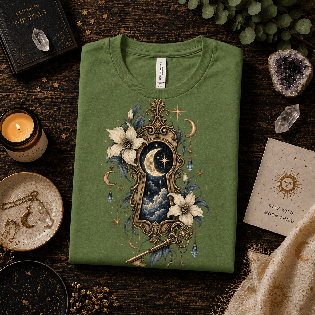 A folded mockup of Cosmic Keyhole celestial graphic t-shirt in leaf.