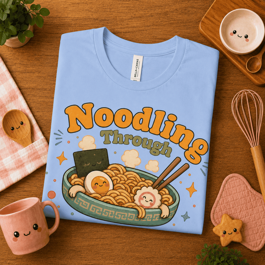 Folded mock up of Noodling Through Life graphic t-shirt in baby blue, surrounded by small kitchen utensils.