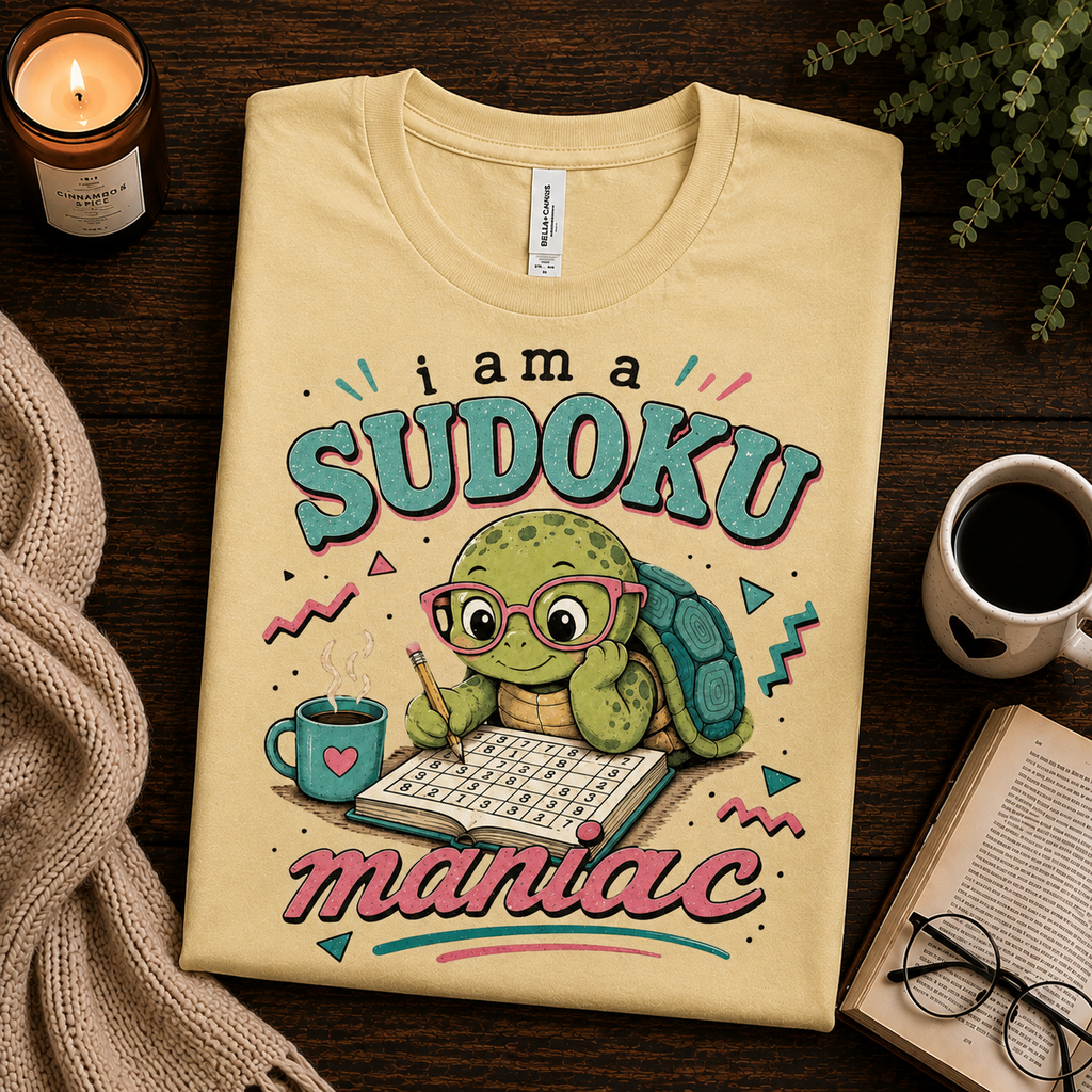 A folded mockup of Sudoku Maniac funny introvert graphic t-shirt in natural.