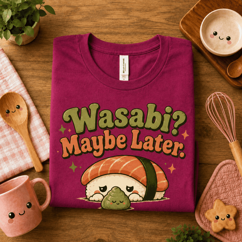 Folded mock up of Wasabi graphic t-shirt in berry, surrounded by small kitchen utensils.
