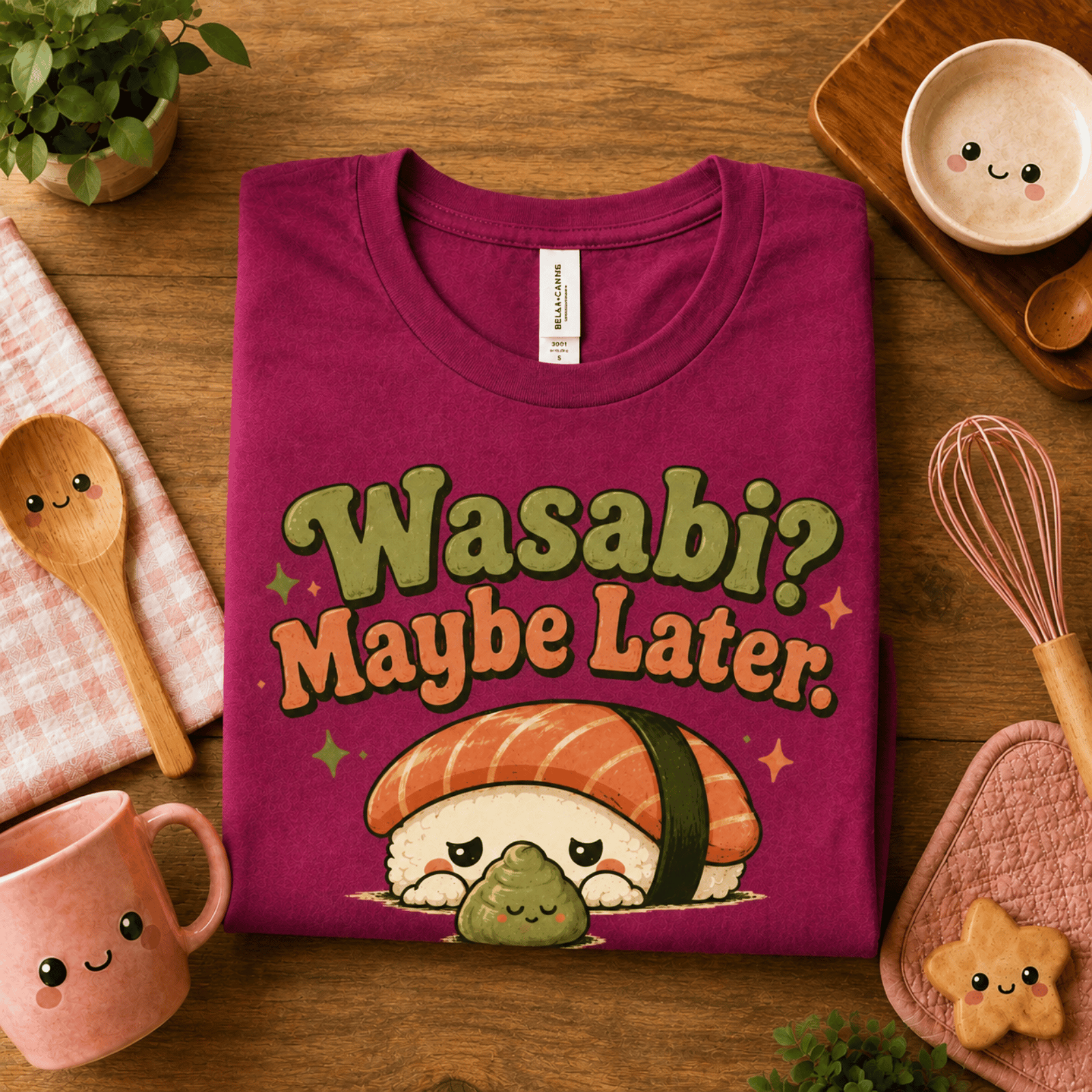 Folded mock up of Wasabi graphic t-shirt in berry, surrounded by small kitchen utensils.