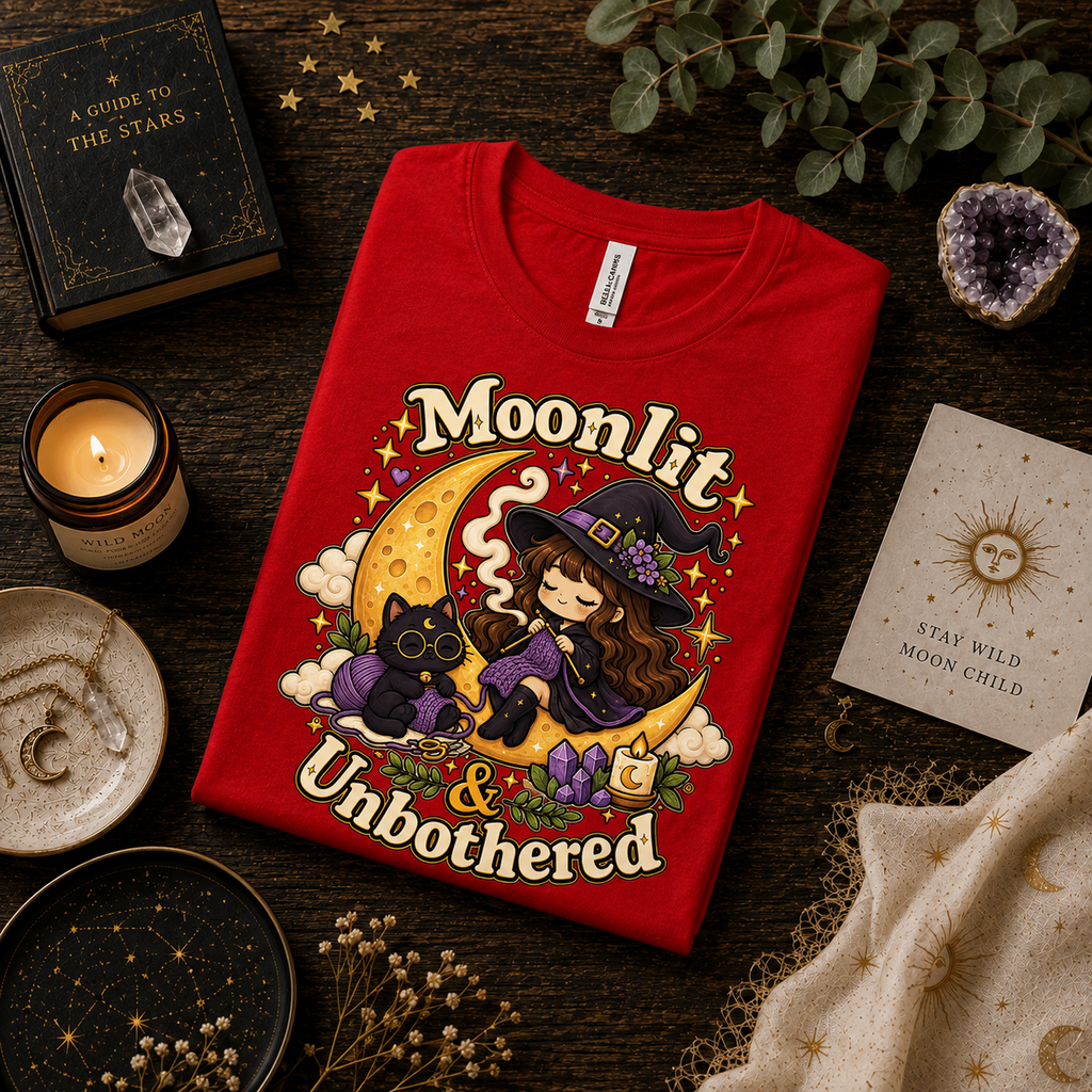 A folded mockup of Moonlit & Unbothered cute witchy graphic t-shirt in red.
