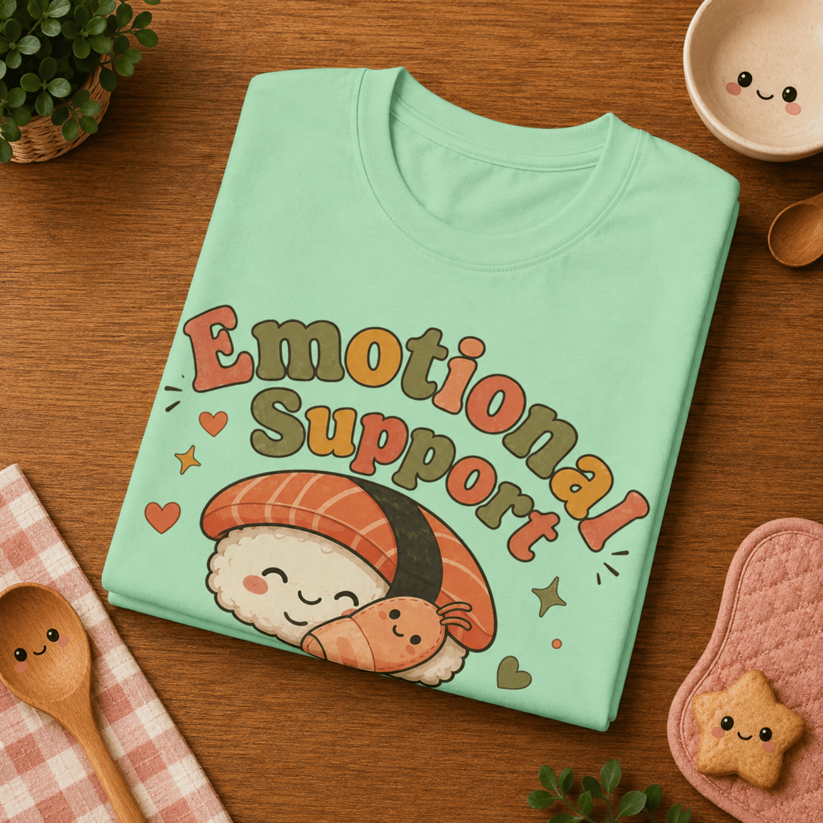 Folded mock up of Emotional Support Sushi graphic t-shirt in mint, surrounded by small kitchen utensils.
