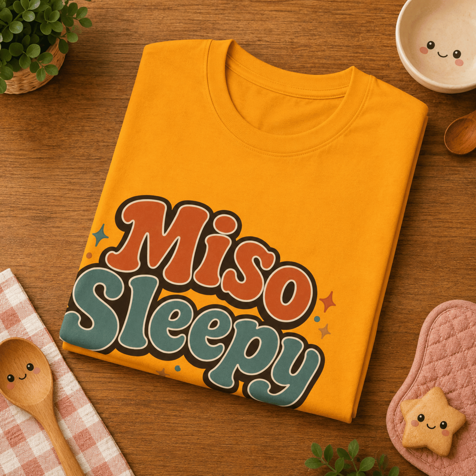 Folded mock up of Miso Sleepy graphic t-shirt in gold, surrounded by small kitchen utensils.